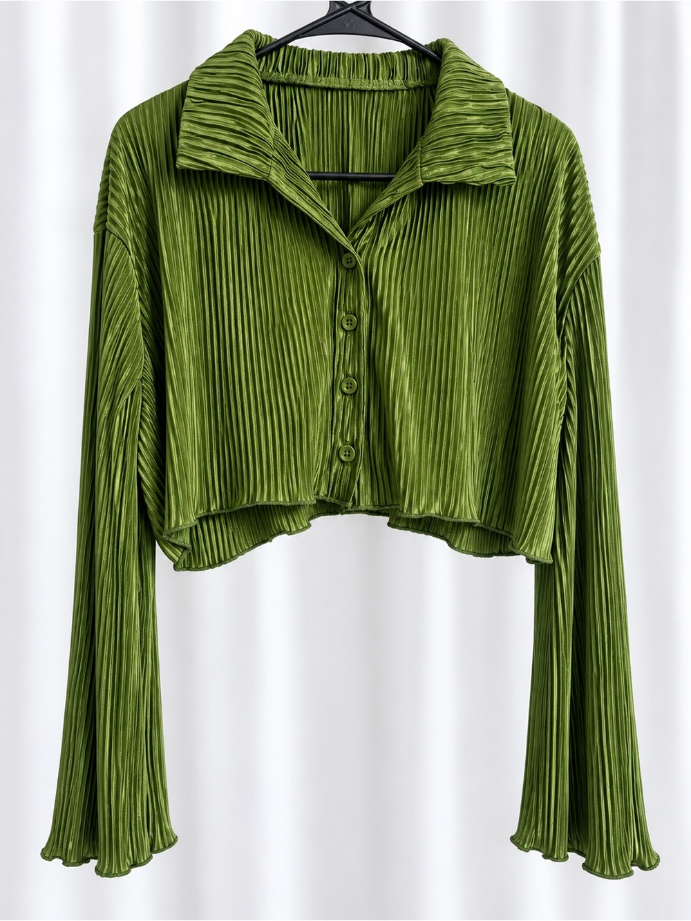 SHEIN Olive Green Pleated Cropped Button-Down Shirt